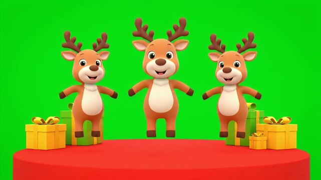 Three Animated Reindeer Standing on a Red Stage Surrounded by Gift Boxes on a Green Screen Background Ideal for Holiday Content