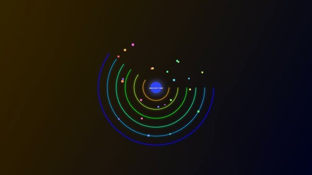 This dynamic visualization of AI powered brainstorming showcases a complex network of iridescent concentric rings and orbiting data particles expanding across a dark cosmic void