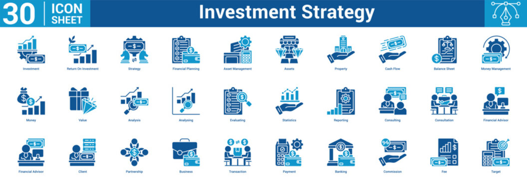 Investment Strategy editable icon set vector illustration concept for business with icon of Investment, Return On Investment, Strategy, Financial Planning, Asset Management, Assets, Property, Cas.