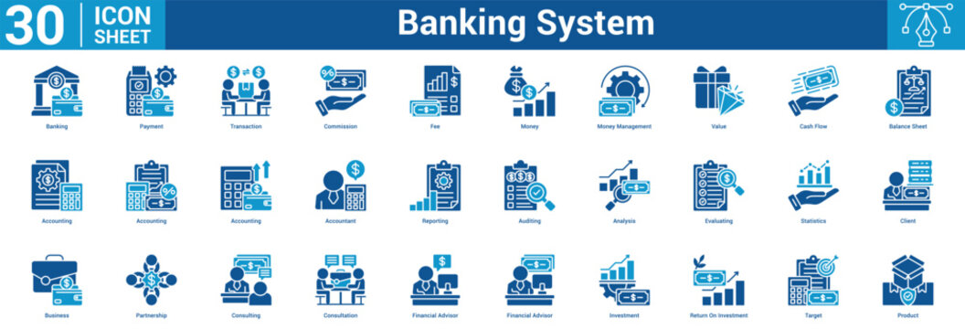 Banking System editable icon set vector illustration concept for business with icon of Banking, Payment, Transaction, Commission, Fee, Money, Money Management, Value, Cash Flow, Balance Sheet.