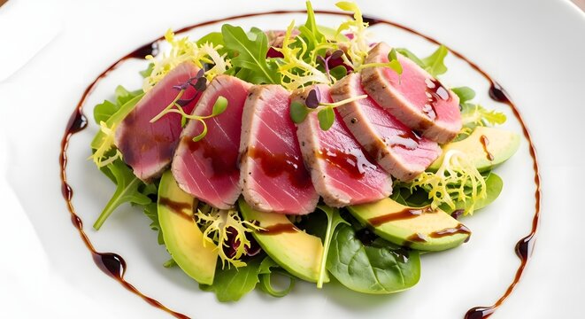 Grilled tuna steak slices on mixed greens with avocado and balsamic glaze dressing served on a white plate with microgreens 8 (67)