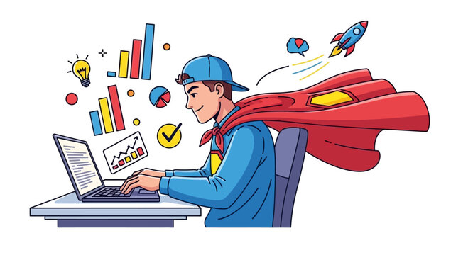 Cartoon man in superhero outfit working on laptop with creative ideas.