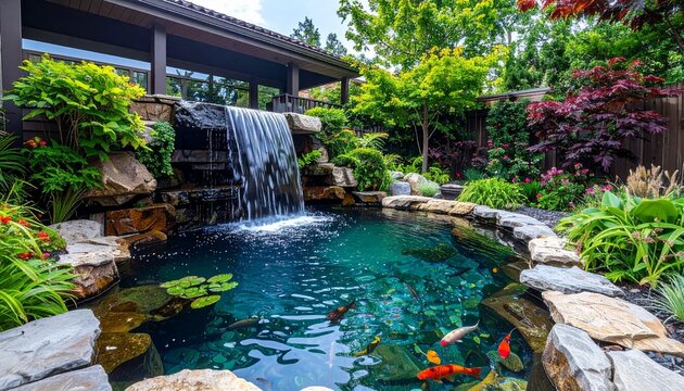 Tranquil garden pond with waterfall