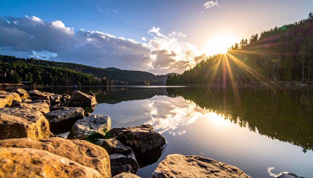 Tranquil lake landscape at sunset