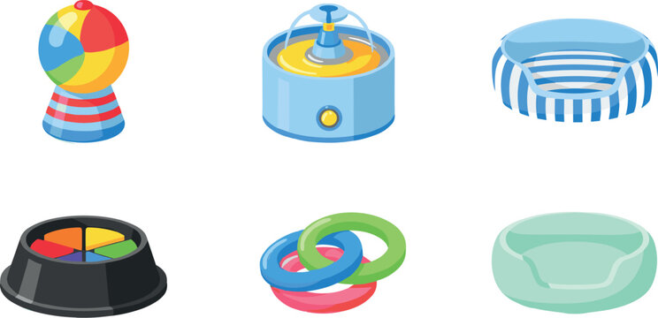 Set of colorful pool toys and inflatable accessories including rings floating devices and water play items isolated vector collection