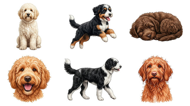 Six realistic digital illustrations of doodle puppies in various poses and expressions on a transparent background