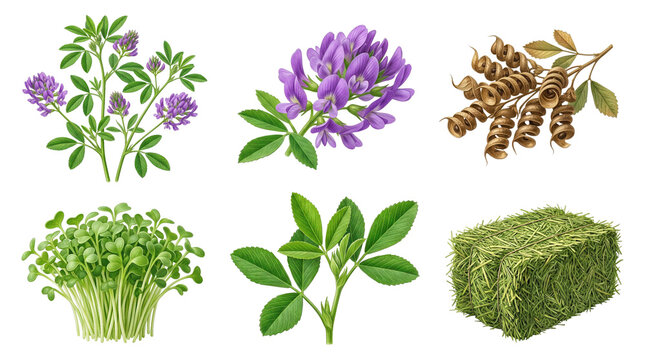 Detailed botanical illustrations of alfalfa and related forage plants showing purple flower clusters, curled seed pods, fresh green leaves, microgreen sprouts and a rectangular hay bale