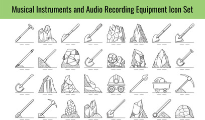 Hand drawn collection of mining tools and geological rocks illustrated as sketch style icons displayed on transparent background © Toufik