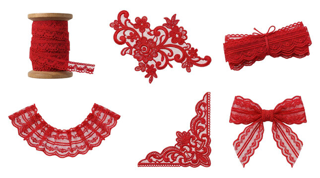 Assortment of red lace trims, appliques, spool and bows for sewing and craft embellishments