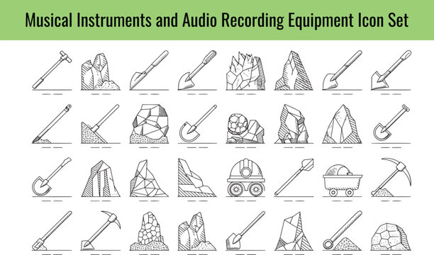 Hand drawn collection of mining tools and geological rocks illustrated as sketch style icons displayed on transparent background
