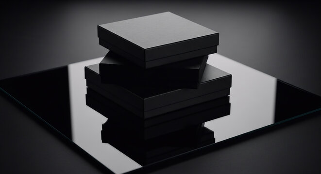 A high-angle studio shot showcasing 12 square boxes stacked artfully on a reflective surface to highlight luxury packaging and minimalist modern design