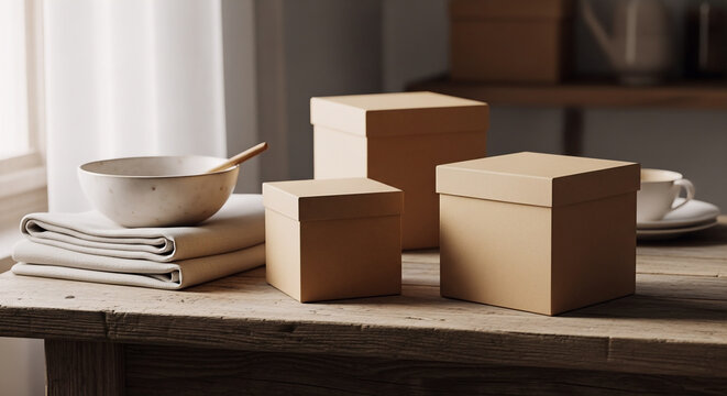 A still life composition featuring 12 square boxes made from brown cardboard displayed on a rustic wooden table next to a ceramic bowl and linen cloth