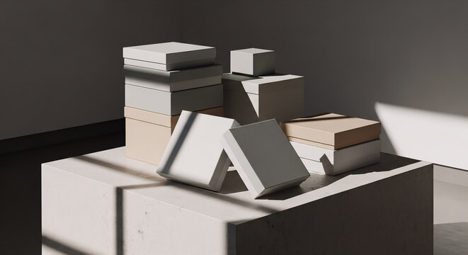 A minimalist composition featuring 12 square boxes arranged on a concrete pedestal with soft sunlight and shadows creating a modern aesthetic display