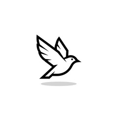 Obraz premium Black and white stylized bird icon in flight with wings spread, casting a subtle shadow