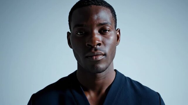 Minimal cool-toned studio portrait of a nigerian male in dark clothing, angled gaze, clean background, sculpted facial light, refined editorial simplicity, and poised contemporary character study
