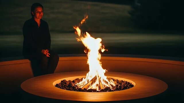 Woman Relaxing Beside a Cozy Fire Pit at Night Outdoors