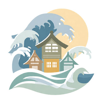 The illustration portrays traditional houses being overwhelmed by a massive, stylized wave, with the sun in the background. PNG Transparent Background