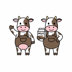 Fototapeta premium Cartoon Cow Characters Wearing Aprons Holding Milk Carton Mascot