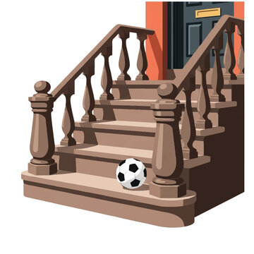 A classic New York City brownstone stoop with a soccer ball resting on the concrete step, urban residential atmosphere, clean geometric shapes, minimalist flat vector artwork, clipart style,