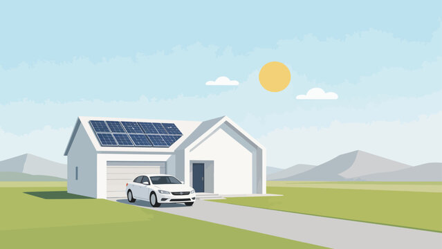 House with solar panels and car
