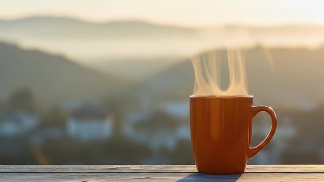 Steaming Coffee Mug with Scenic Mountain Views in Soft Light