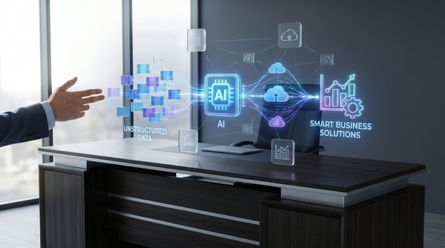 Hand pointing to AI and smart business solutions connecting unstructured data to cloud analytics and digital transformation.