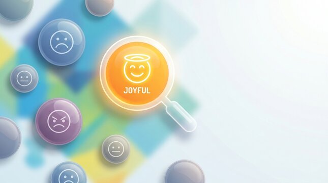Magnifying glass focusing on joyful emotion surrounded by other emotions representing user experience analysis.