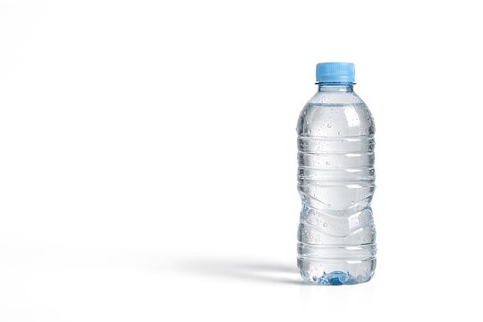 A clear plastic water bottle with blue cap.