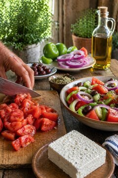 Choriatiki Bauernsalat mit Zutaten auf rustikalem Tisch
Choriatiki Bauernsalat mit frisch geschnittenen Tomaten, Feta, Gurke, Oliven und roten Zwiebeln auf rustikalem Tisch.