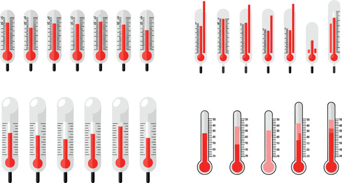 Set of thermometers showing different temperature levels in Celsius scale isolated on white background medical weather vector illustration collection