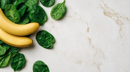 Obraz premium fresh green smoothie ingredients, spinach kale banana, detox and wellness concept, minimal flat lay, natural light