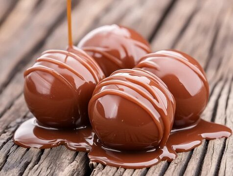 Delicious round chocolate pralines melting on wooden table