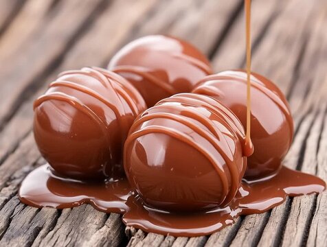 Delicious round chocolate pralines melting on wooden table