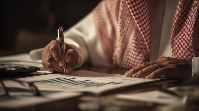Middle Eastern businessman in traditional attire reviewing financial investment reports and data charts with a gold pen, representing sovereign wealth management and strategic economic planning.