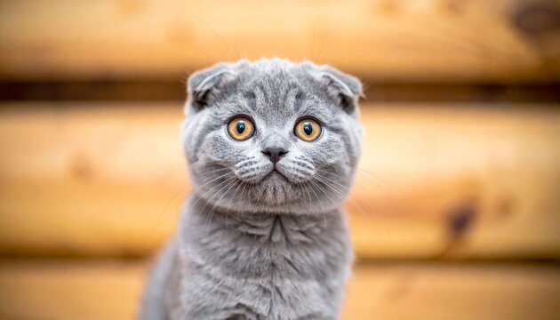 Scottish fold cat portrait on wooden wall