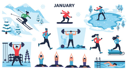 Fototapeta premium Illustration of various people engaging in winter sports and fitness activities in a stylized, colorful graphic with a cold blue and white color palette.