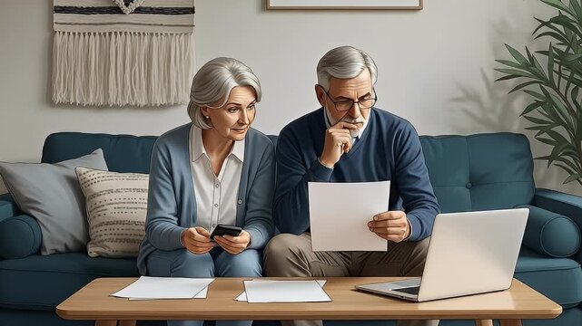 Concerned Senior Couple Reviews Finances and Smart Phone