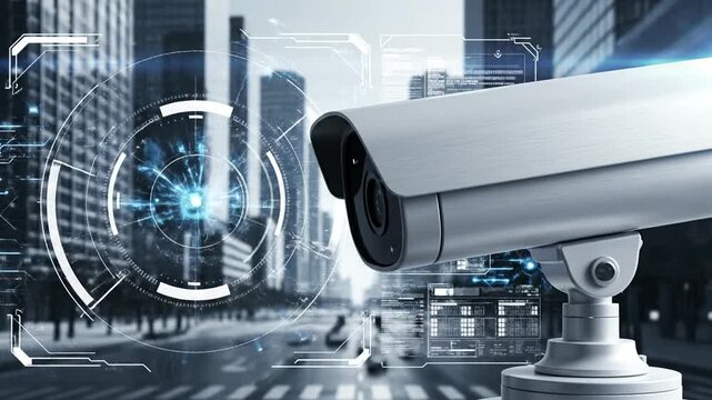 Modern CCTV security camera scanning city street traffic with digital interface.