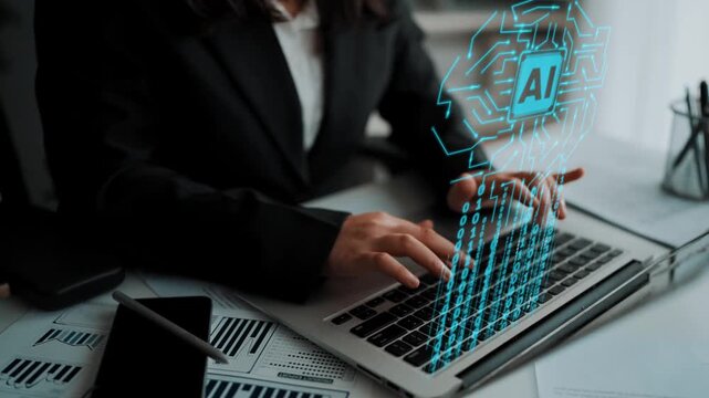 Professional businesswoman using laptop with digital AI interface, modern technology concept for innovation, corporate strategy, and productivity enhancement Gluon.