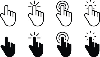 Fototapeta premium Touch Gesture Icon Set – Tap, Click and Press Hand Interaction Line and Solid Vector Icons