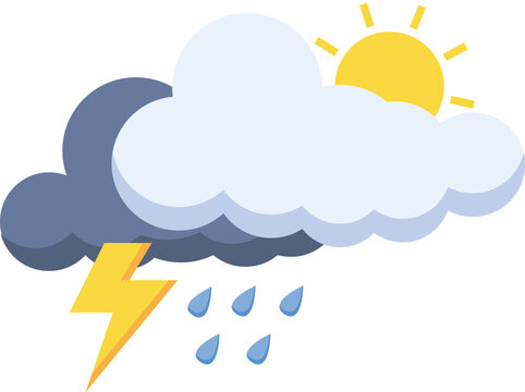 Storm weather icon with sun rain and lightning.