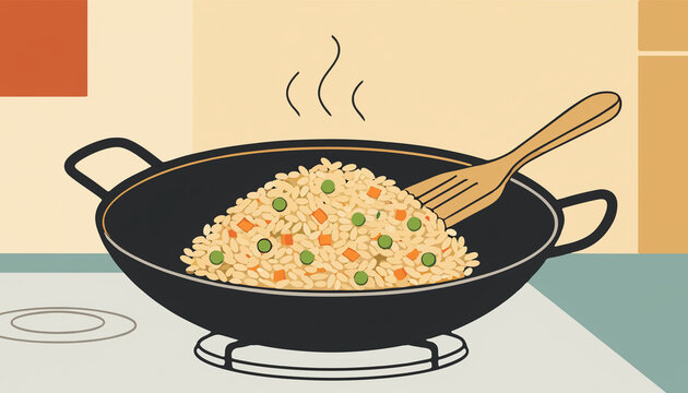 A black wok filled with steaming fried rice, featuring peas and carrots, being stirred by a wooden spatula on a kitchen stove.