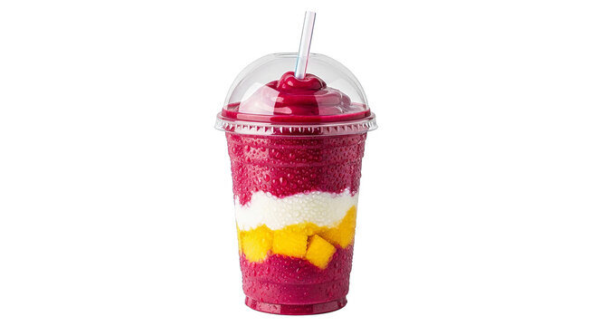 A vibrant layered smoothie in a clear plastic cup with a dome lid and straw.