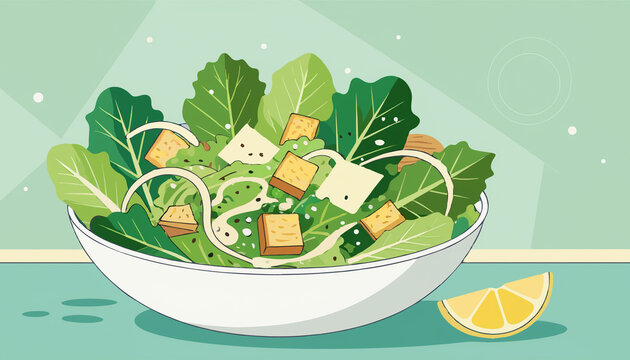 A vibrant illustration of a fresh green salad in a white bowl with croutons, cheese, and a lemon wedge on a light green background.