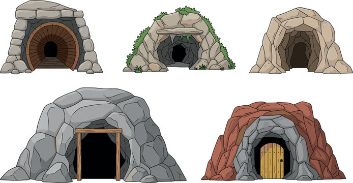 Collection of cave entrances and mine tunnels isolated on white background, cartoon style rocky shelters and underground openings vector illustration