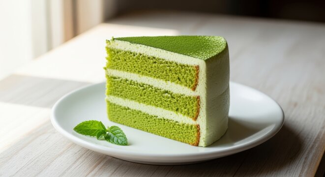 Slice of vibrant green matcha cake on white plate, minimalist food photography style, close up, delicious dessert, bright kitchen ambiance, refreshing green color.
