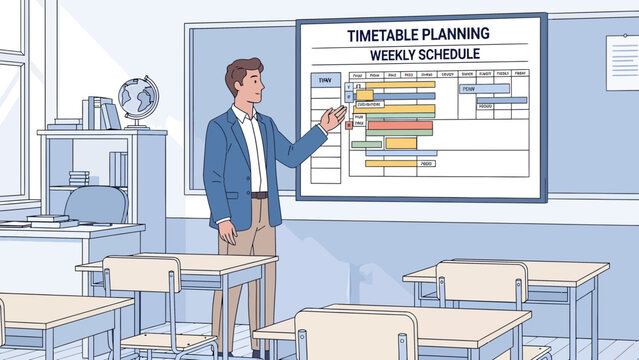 Man standing in classroom pointing chart.
