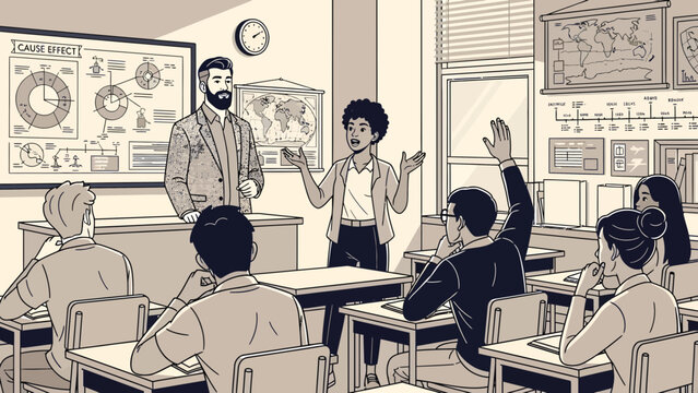 Teacher and student in classroom discussion.