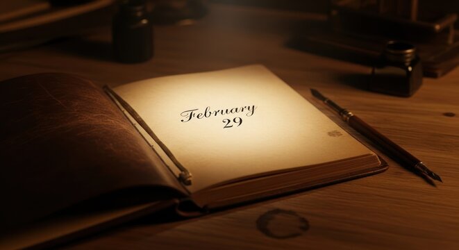 Antique open book on a wooden desk with ?February 29? illuminated, quill, inkwell