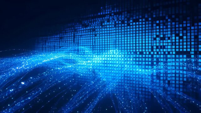 Digital grid blue light abstract background data flow technology network glowing square pixel pattern with abstract blue light stream, digital particle background, dark space, glowing motion trail